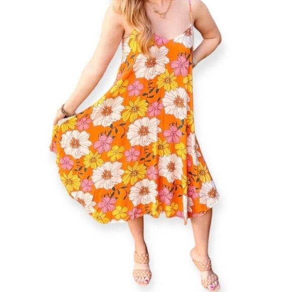 Emily Wonder Orange Floral Hippie Swing Dress Midi - Picture 1 of 5